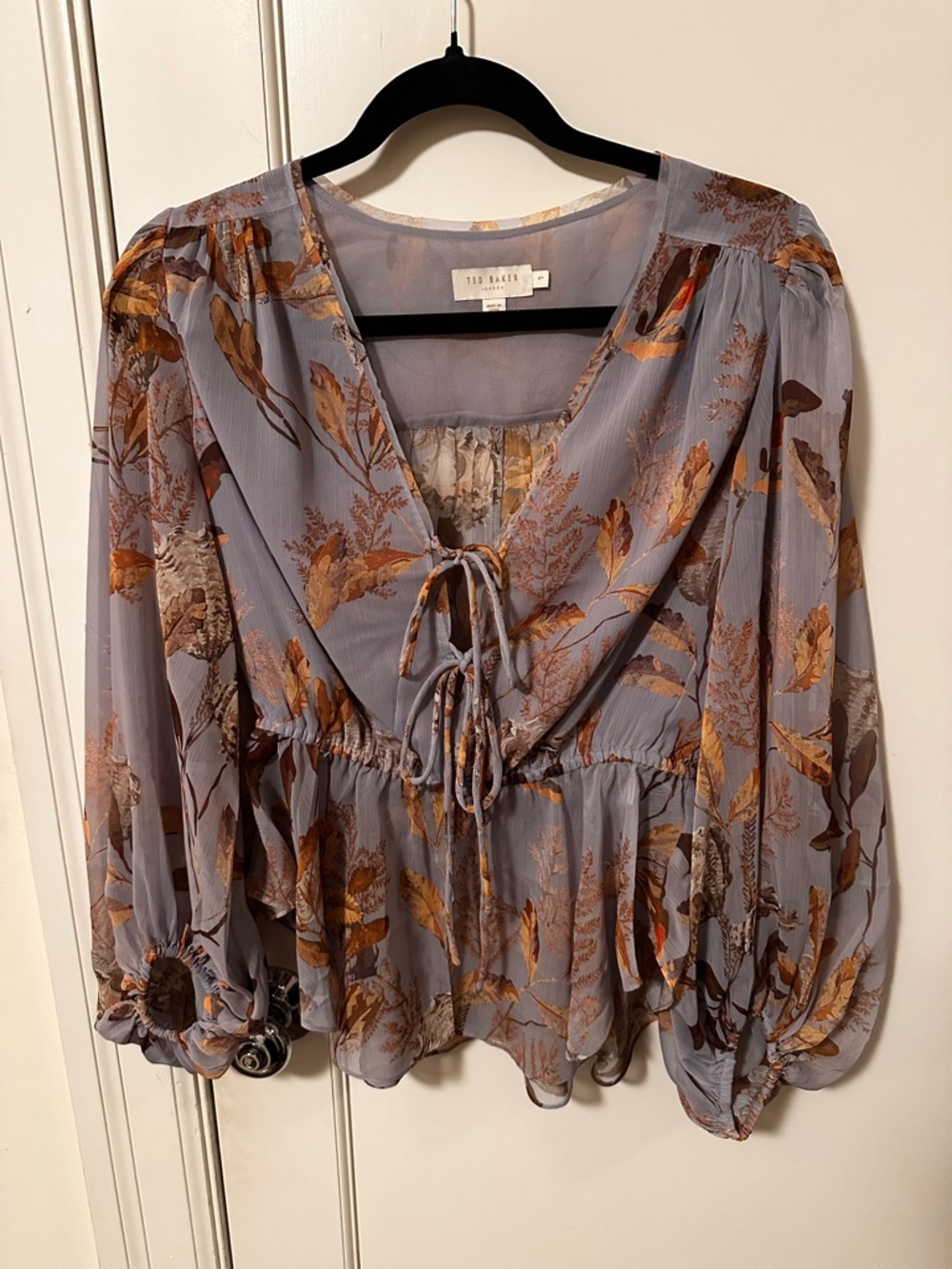 Ted Baker Lavender Sheer Botanical Tie-Front Blouse